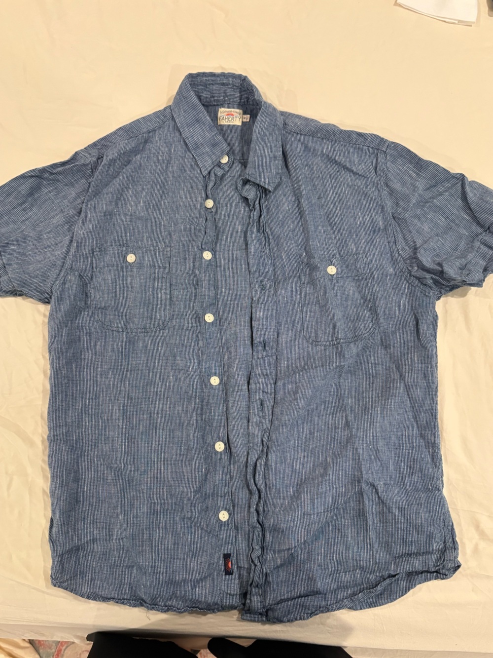 Faherty Palma Short Sleeve Button Up Shirt M Blue 100% Linen Indigo Dyed